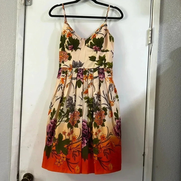 Muse Large Floral Ombre Dress Gradient Pleated Full Orange Green Purple Cottage - Picture 1 of 12
